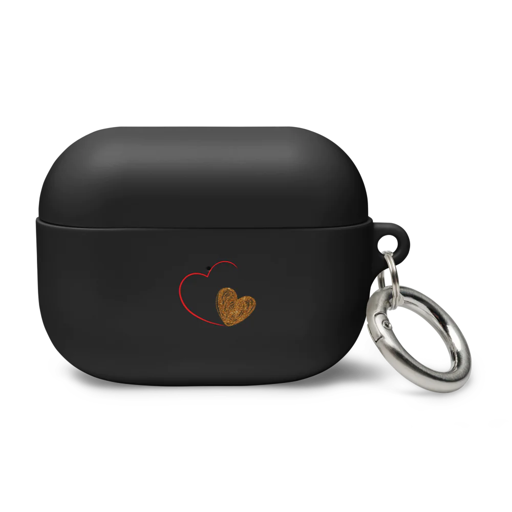 A black AirPods Pro case with a gold heart design on the front, includes a metal carabiner for attachment.