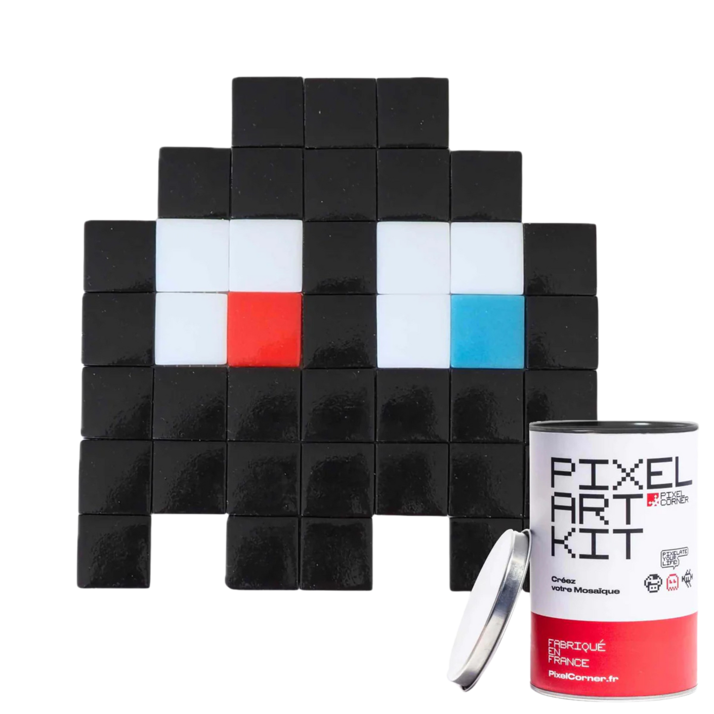 Pixel art kit with black mosaic tiles.