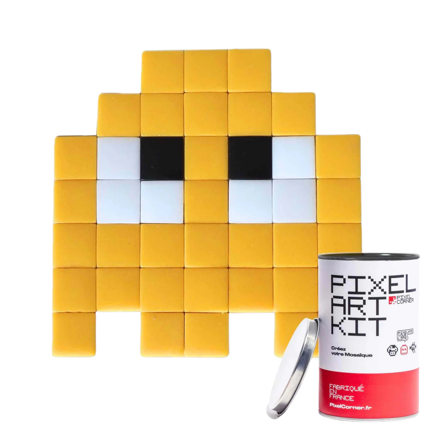 Yellow pixelated art piece.