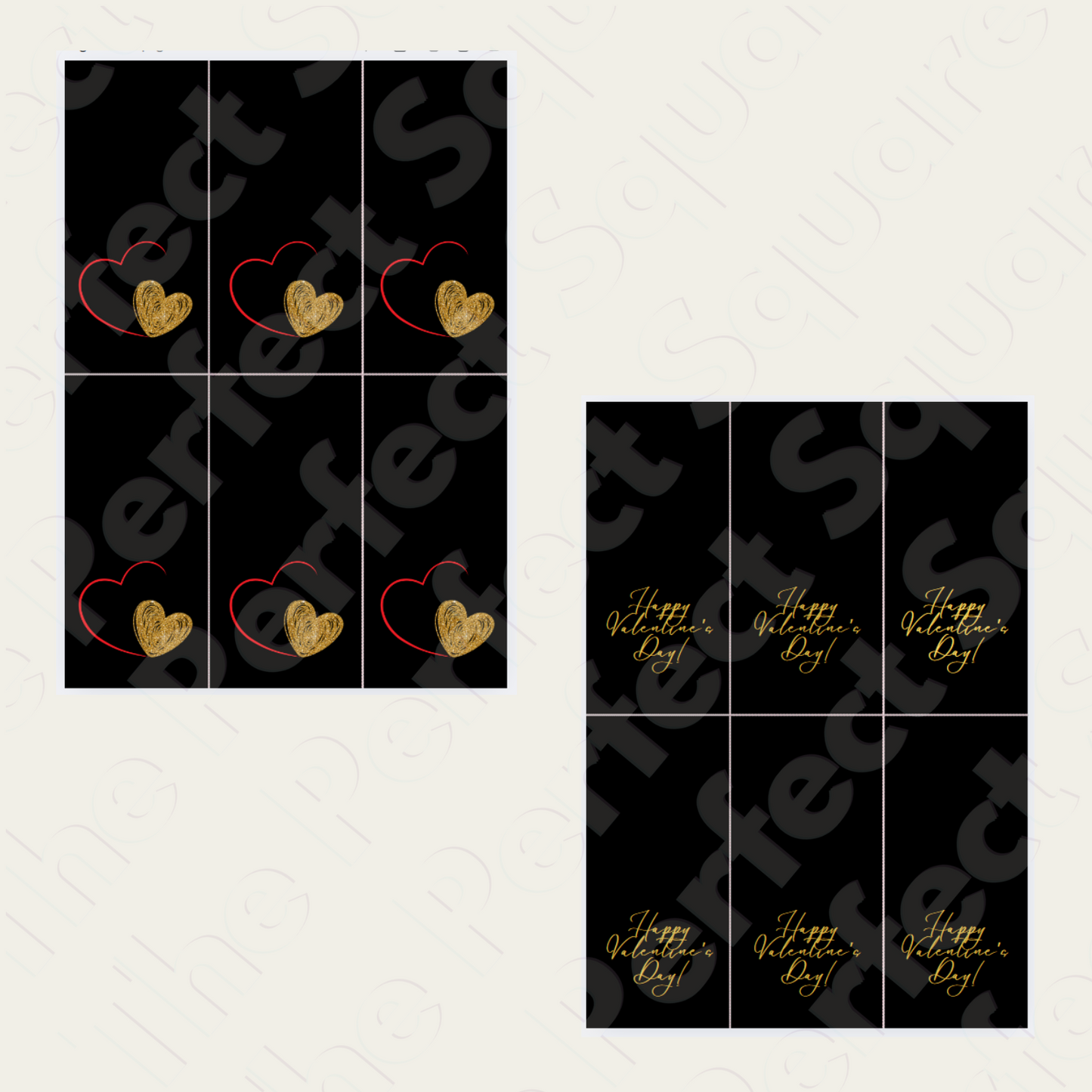 A Valentine's Day card with a gold heart on a black background, opened to show the inside which reads 'Happy Valentine's Day!' and has a red heart drawing.