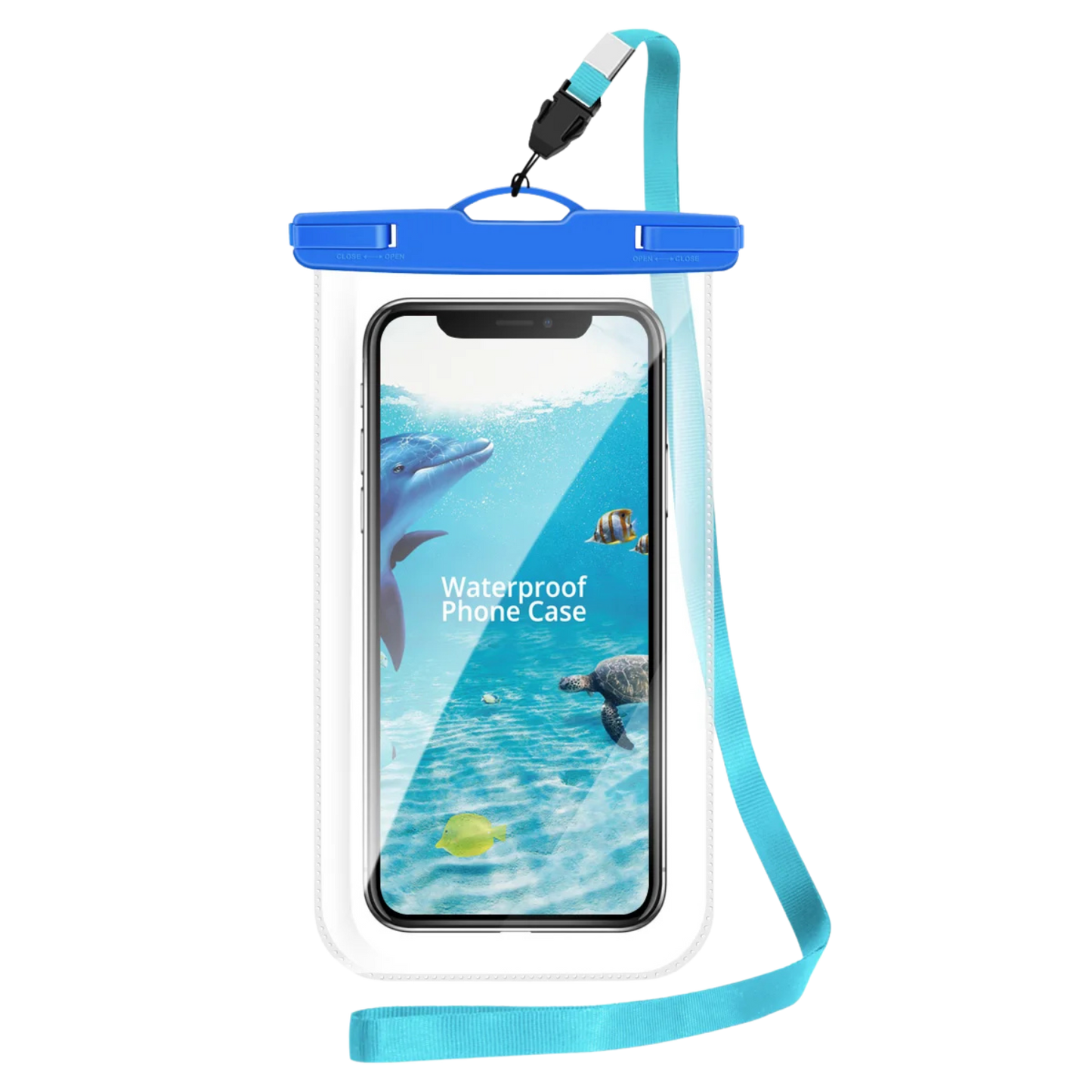 Clear waterproof phone pouch with blue detailing – IPX8 certified for swimming, boating, and beach days