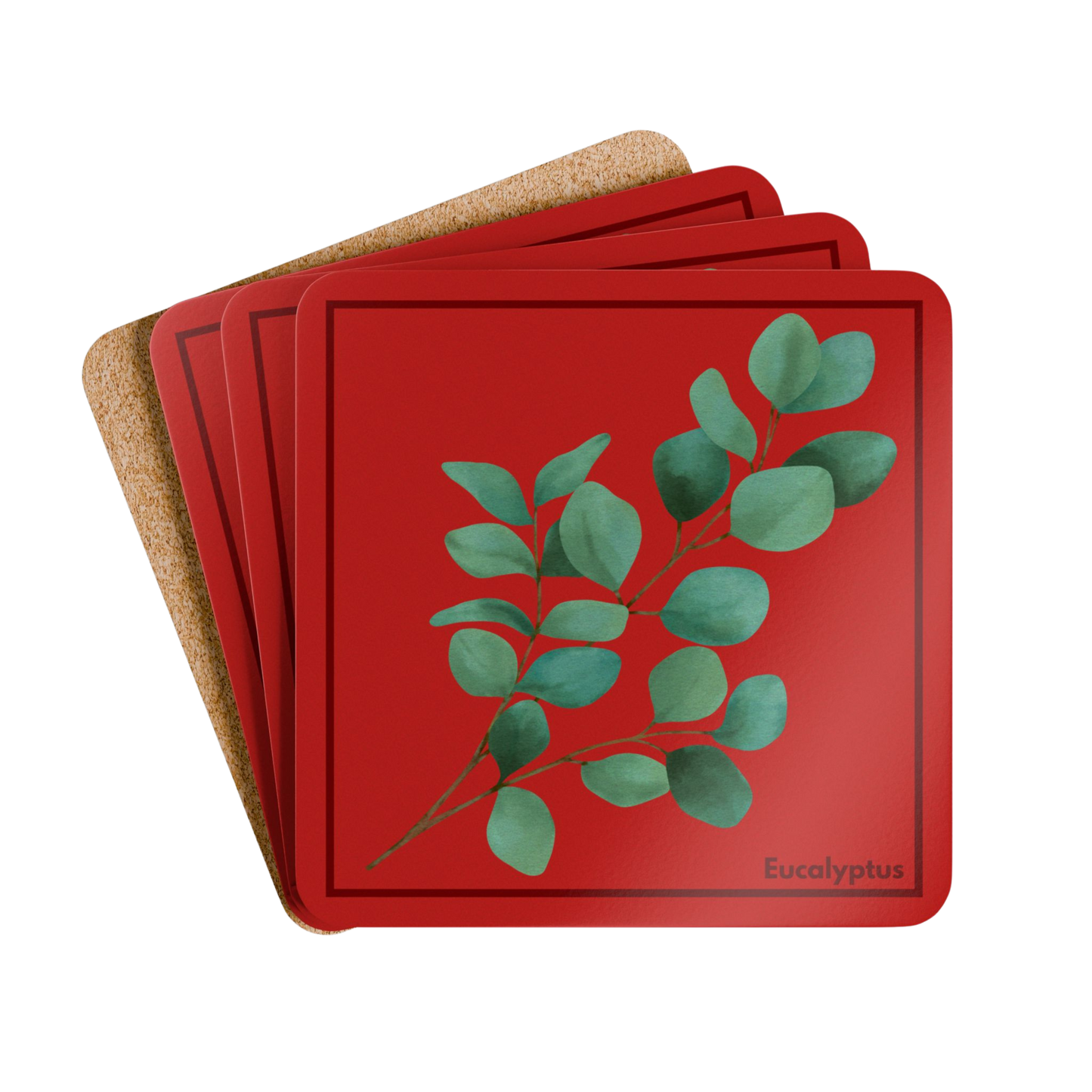 Set of 4 Eucalyptus Corkwood Coasters with one coaster flipped upside down