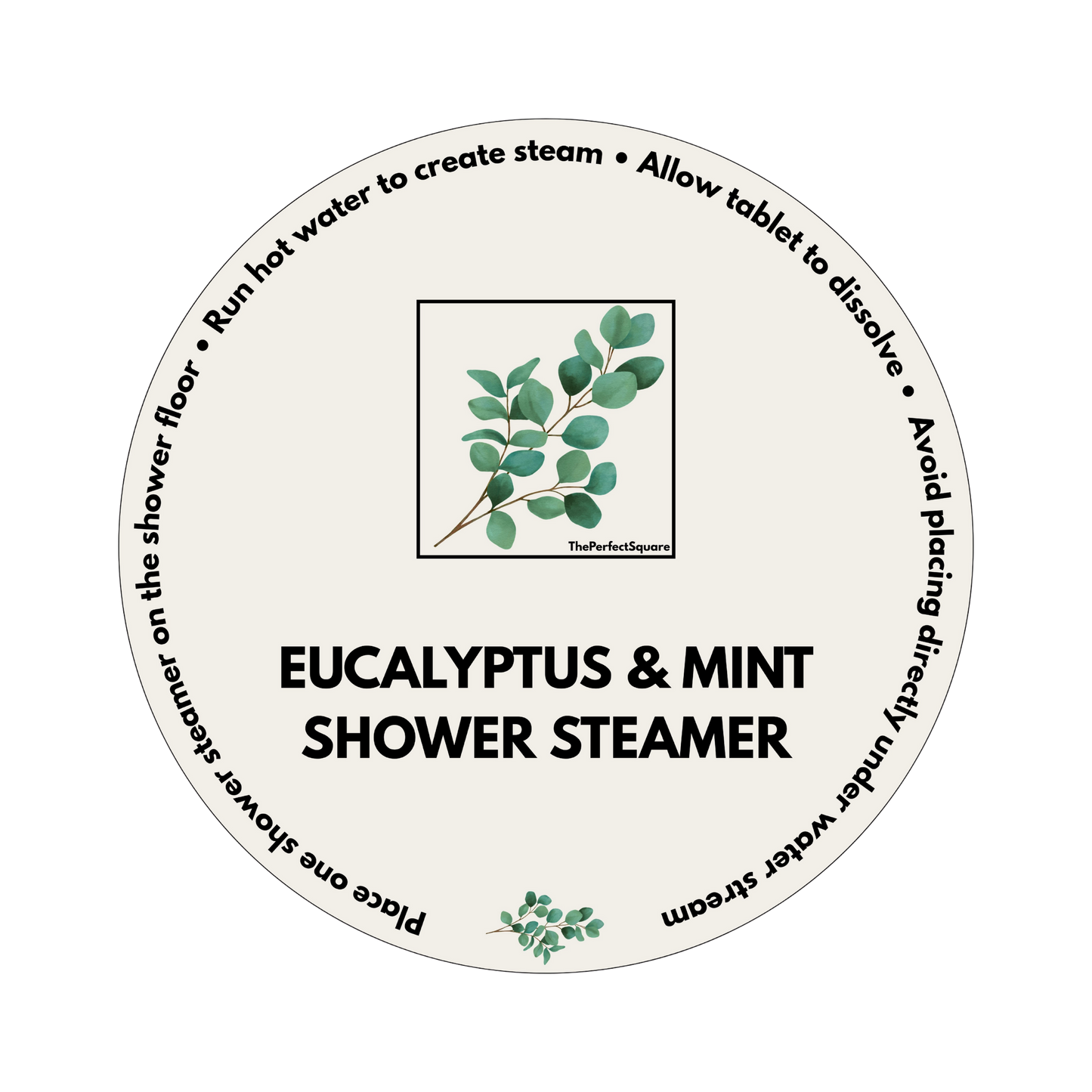 Close-up of eucalyptus and mint shower steamer product sticker