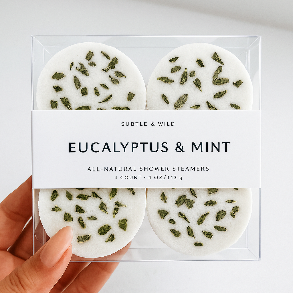 Hand holding box of 4 Eucalyptus & Mint Shower Steamers