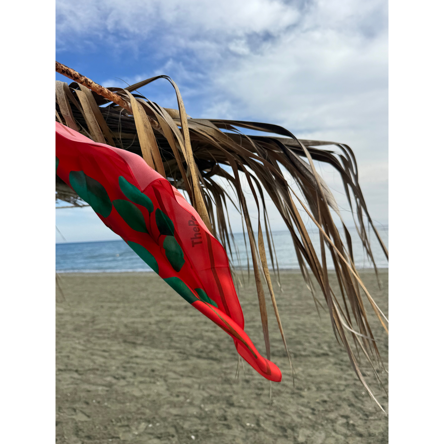 Eucalyptus silk scarf blowing in the wind with the beach in the background