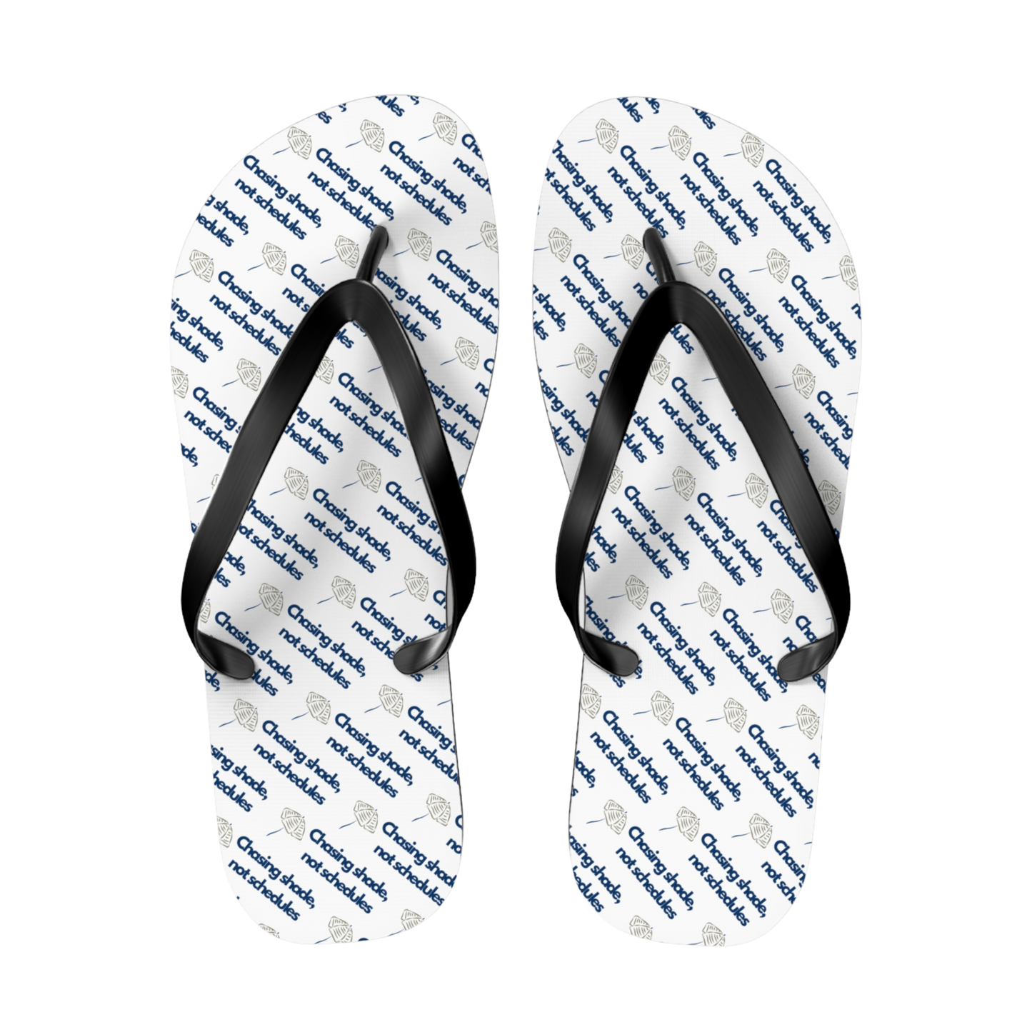 Cast Away flip flops featuring beach umbrella artwork and warm, sandy hues