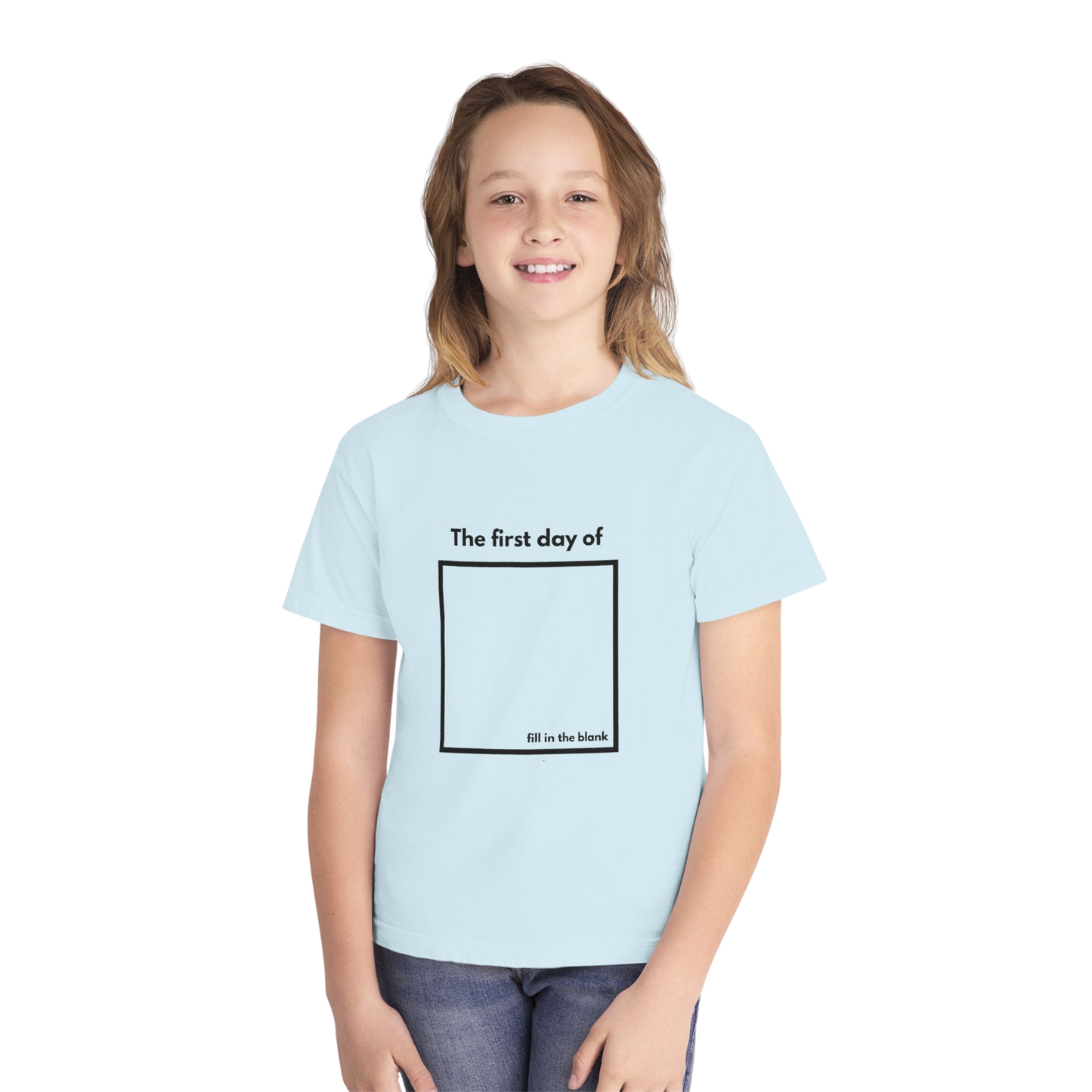 Child wearing chambray “My First Day Of ___” tee – front view
