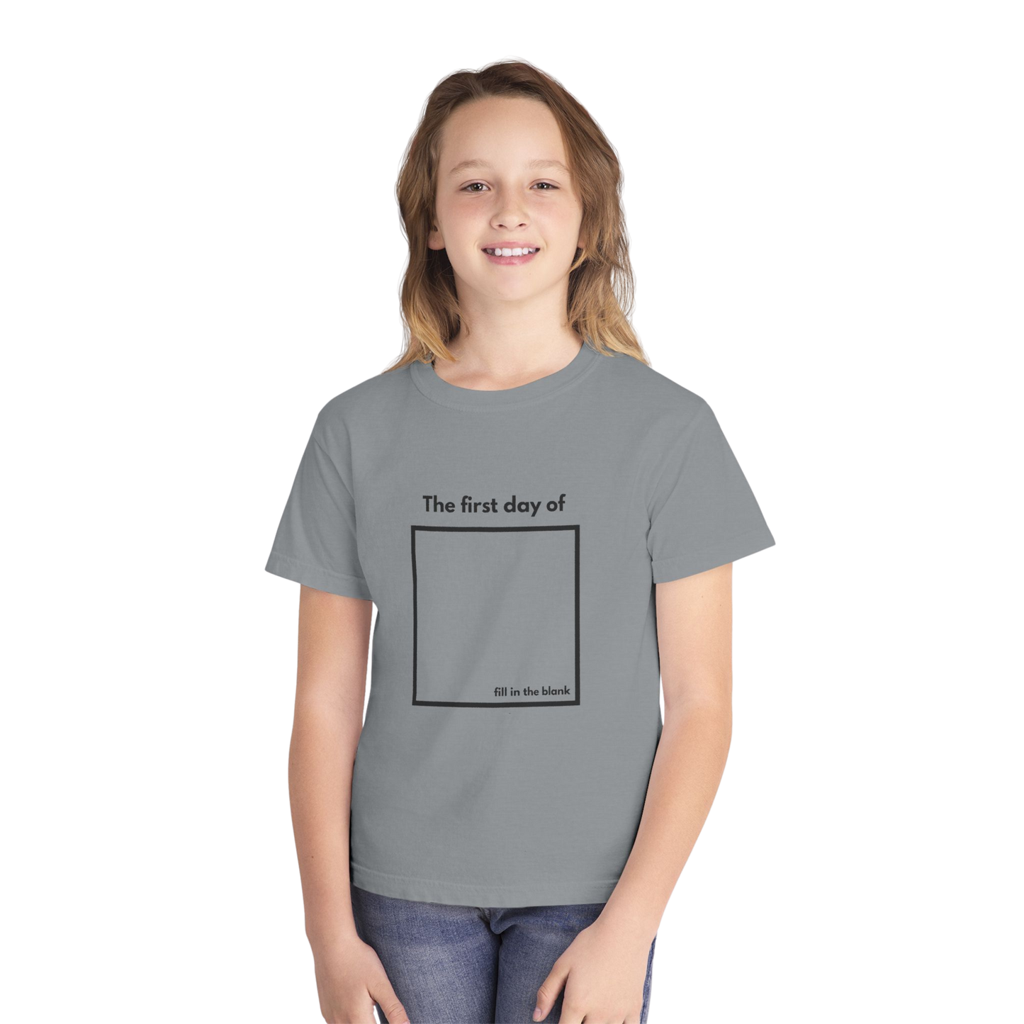 Child wearing granite “My First Day Of ___” tee – front view