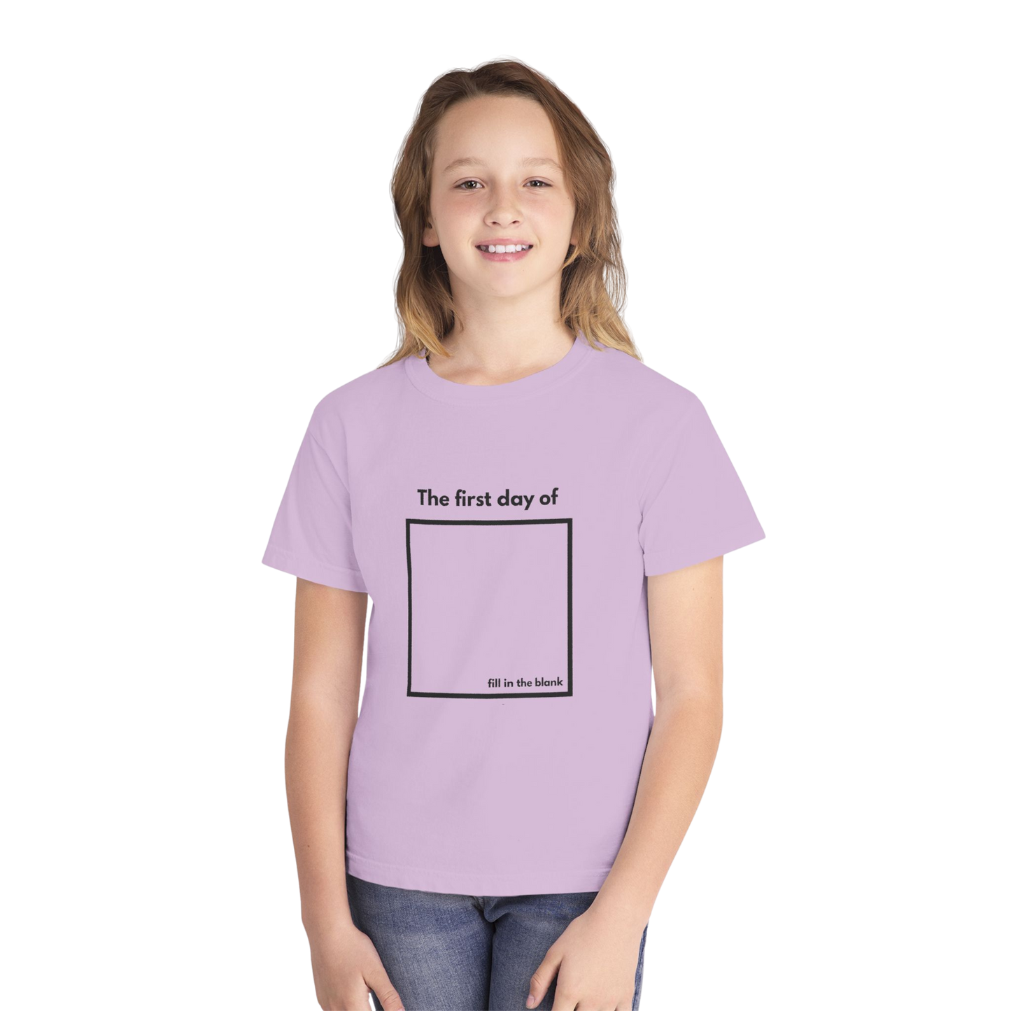 Child wearing orchid “My First Day Of ___” tee – front view