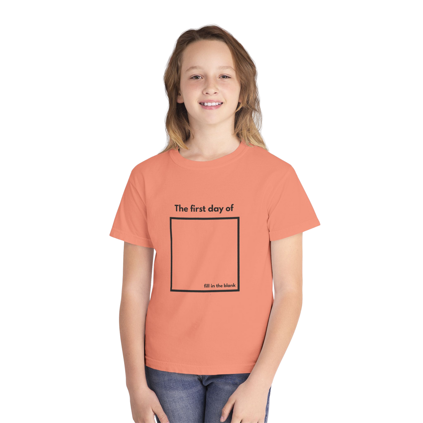 Child wearing terracotta “My First Day Of ___” tee – front view