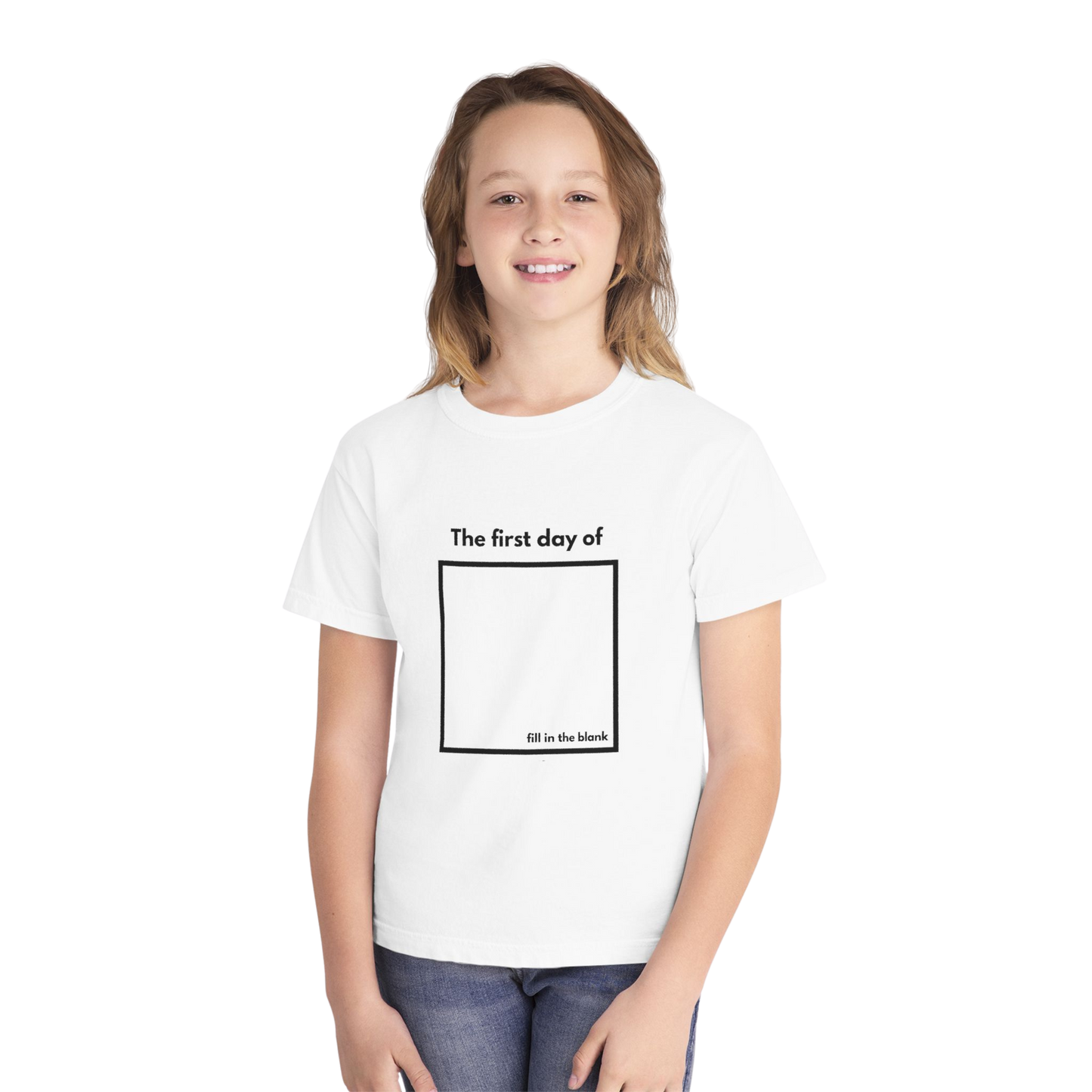 Child wearing white “My First Day Of ___” tee – front view
