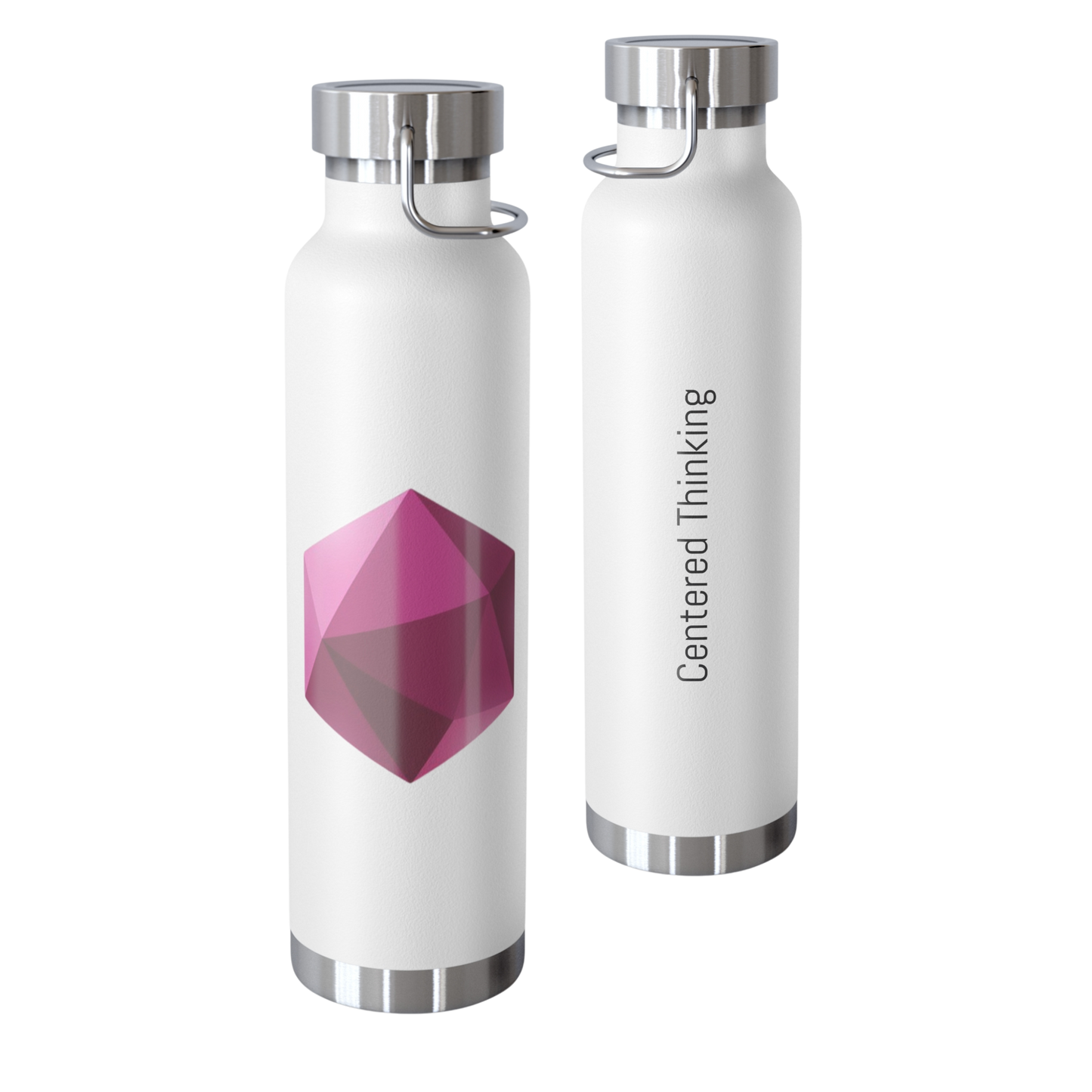 School Gems insulated water bottle with Hexagon design and “Centered Thinking” slogan in plum and purple tones