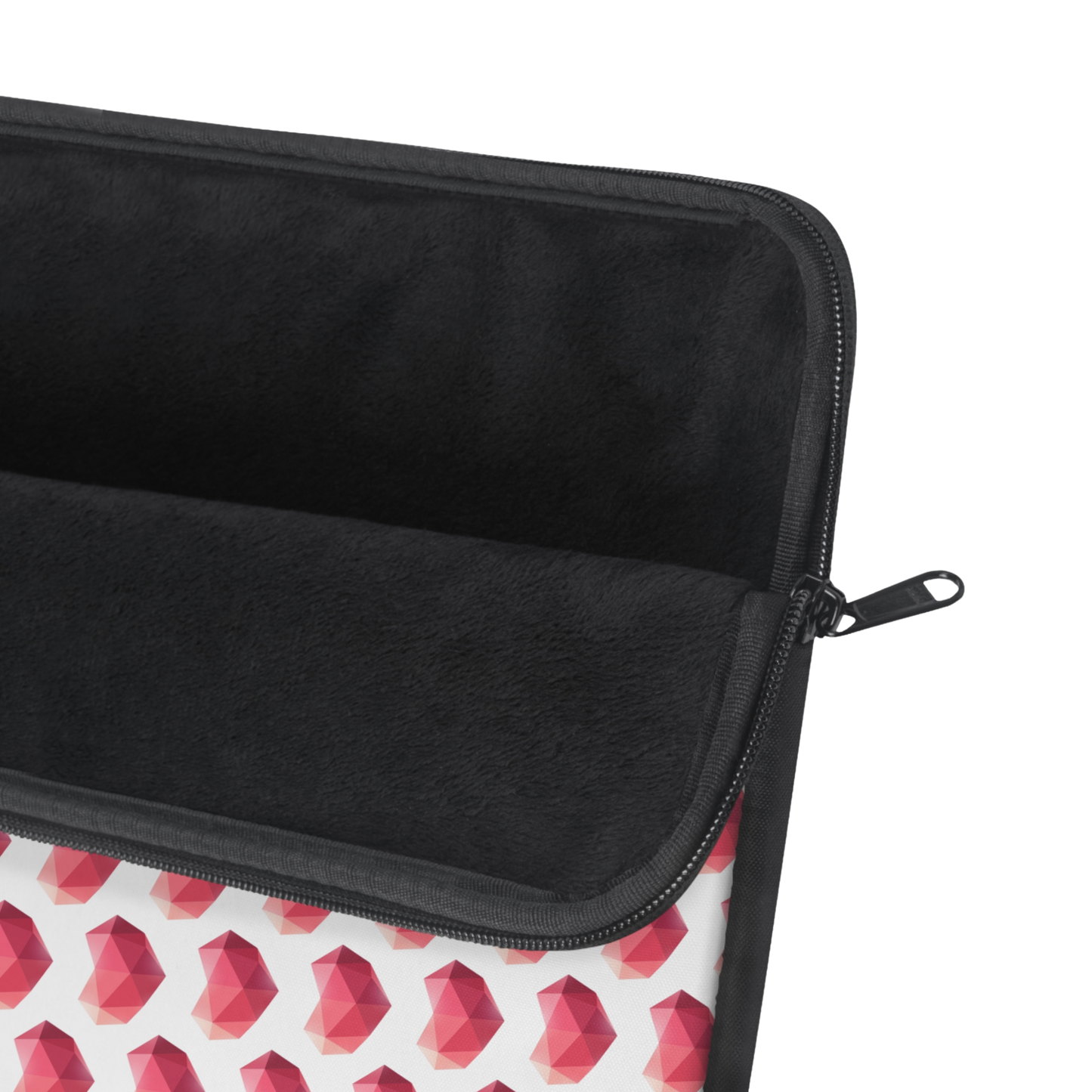 Close-up of Heart gem laptop sleeve zipper and soft interior