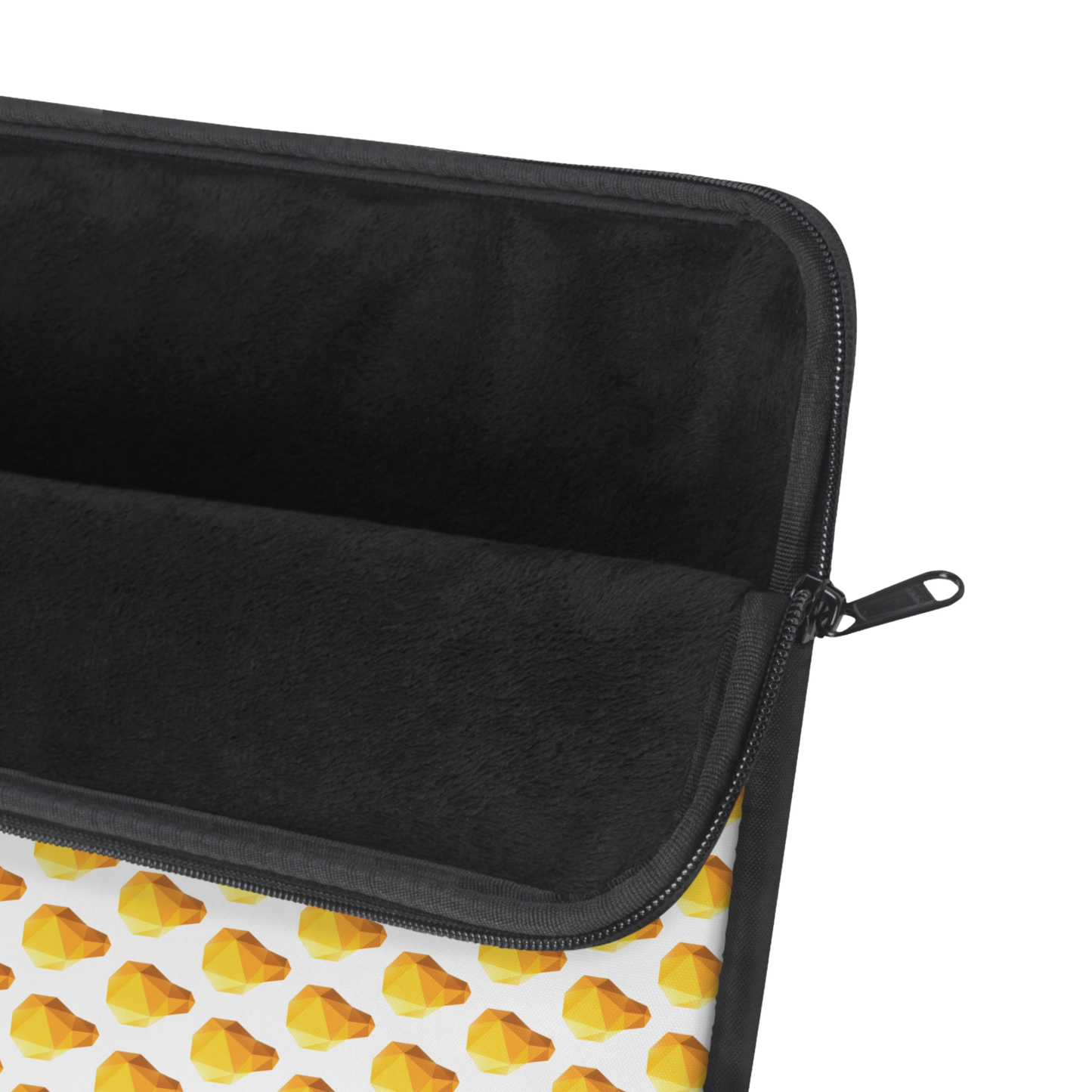 Close-up of Lightbulb gem laptop sleeve zipper and soft interior