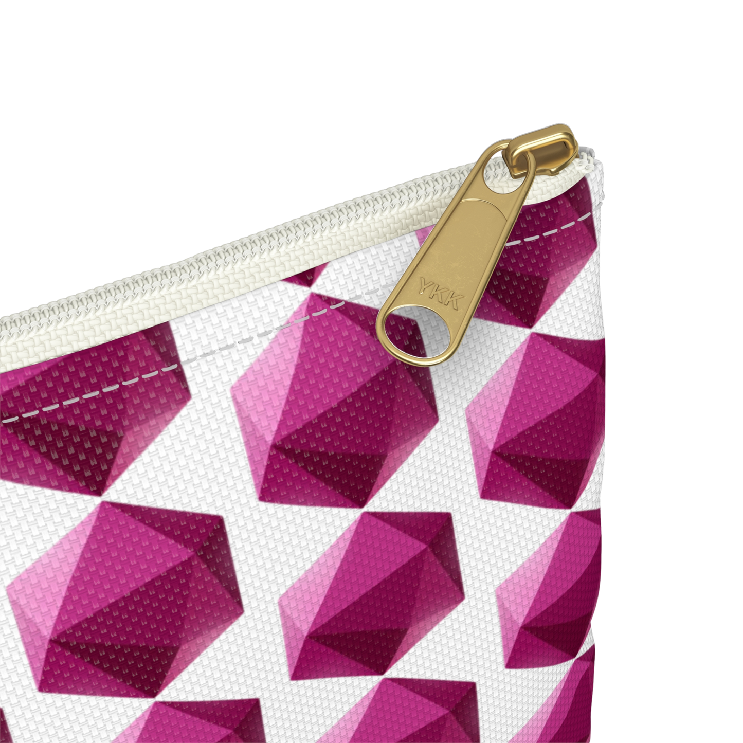 Close-up of Hexagon design pencil bag zipper and gem print detail