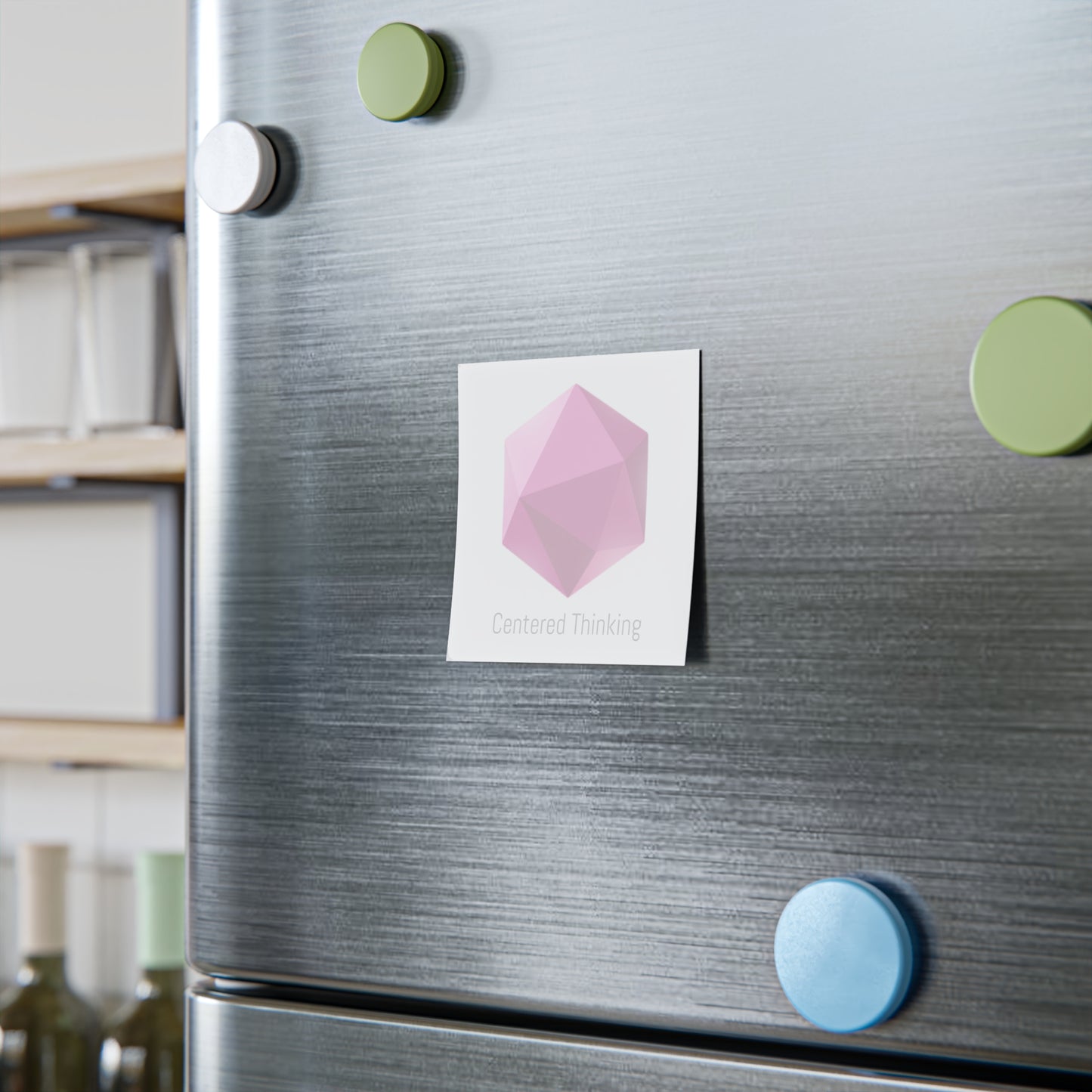 Hexagon gem Post-it on fridge door with “Centered Thinking” slogan