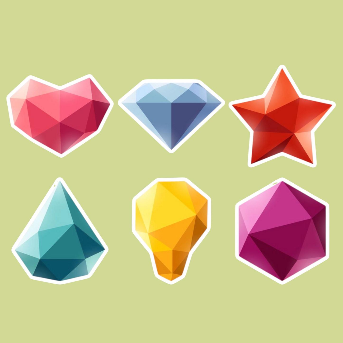Set of colorful geometric gem shapes stickers on a green background