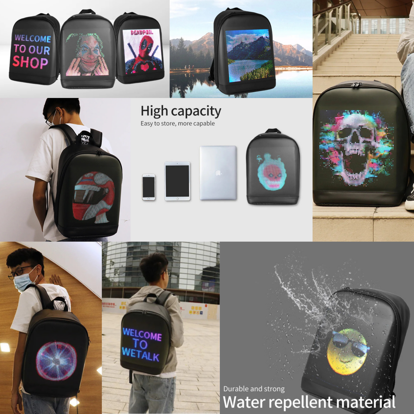 Collage of T2 LED Smart Backpack with various LED screen designs and animations