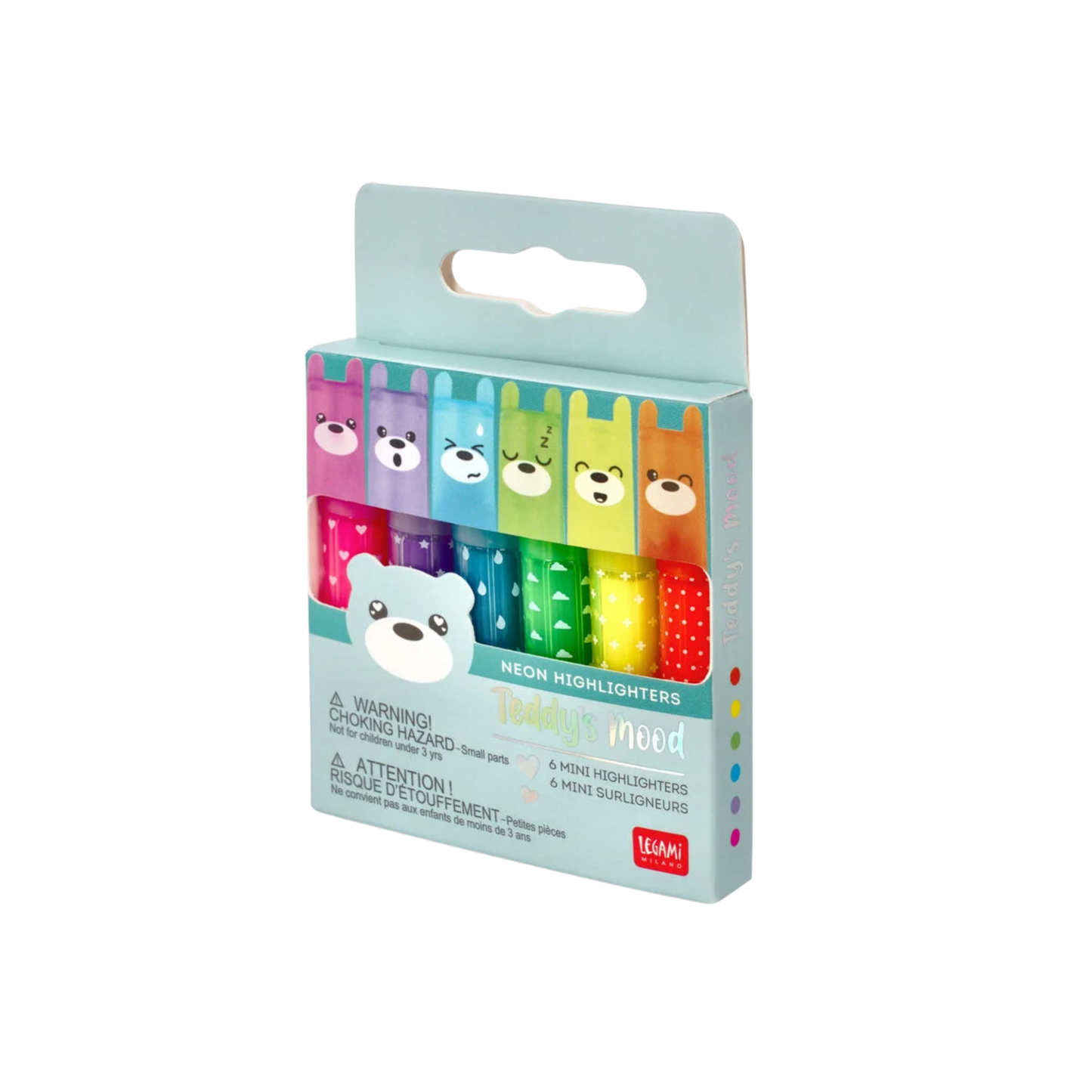 Set of 6 Teddy’s Mood mini neon highlighters – colorful pens that match your mood