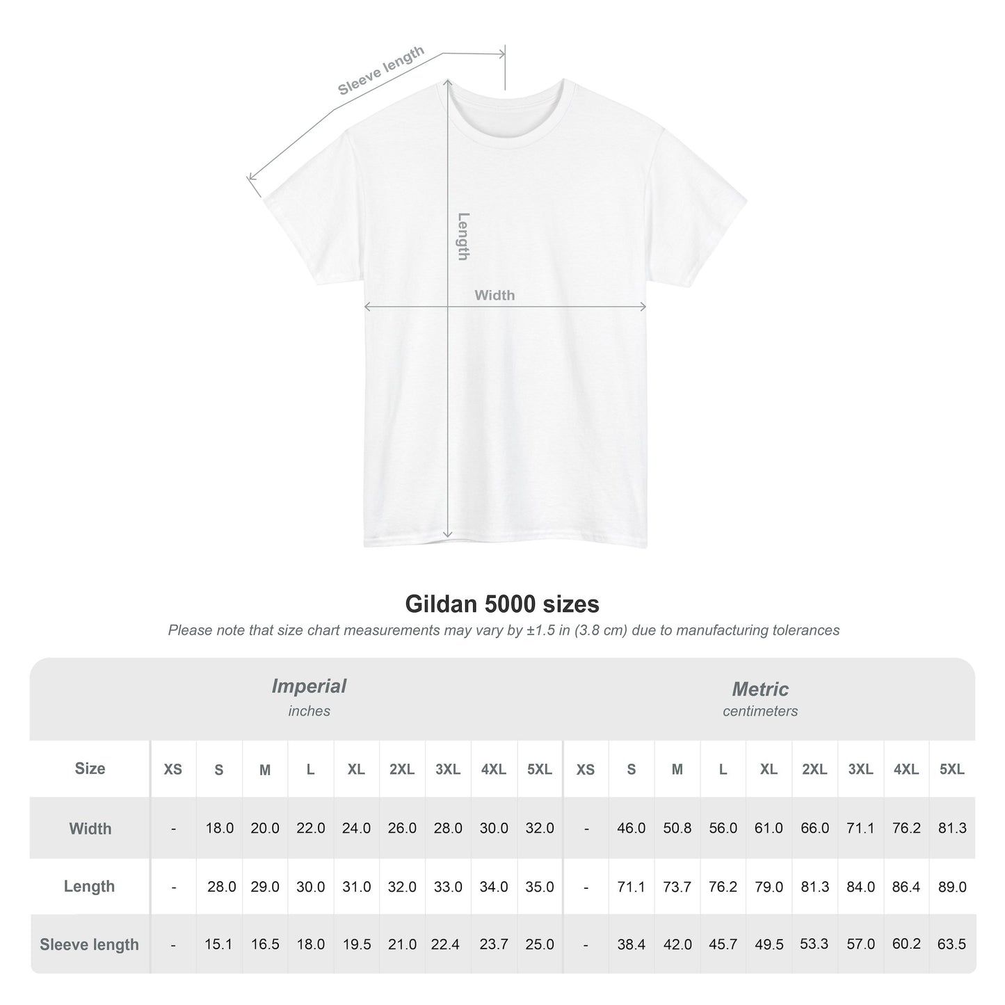 Size chart for The Perfect Square T-Shirt – unisex sizing