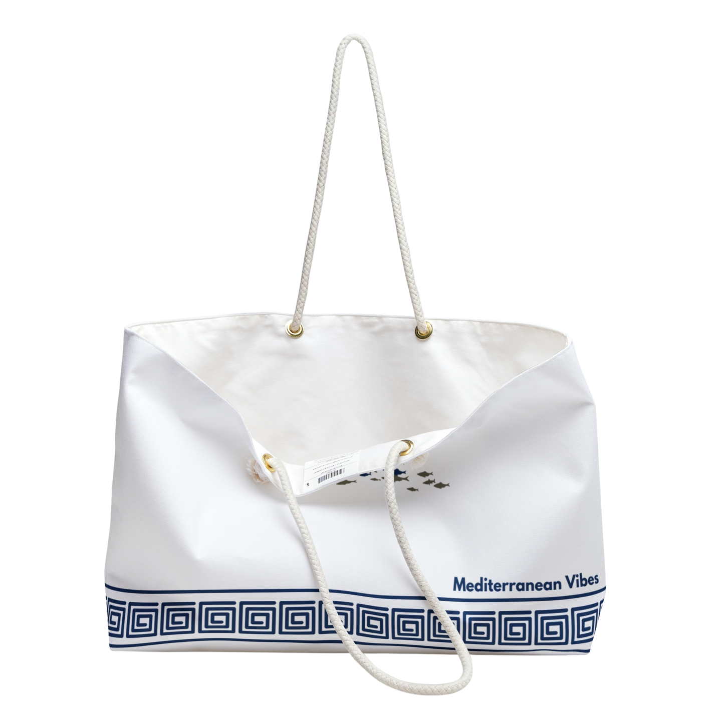 Side view of weekender tote bag showing open interior – cream lining and roomy space for travel essentials