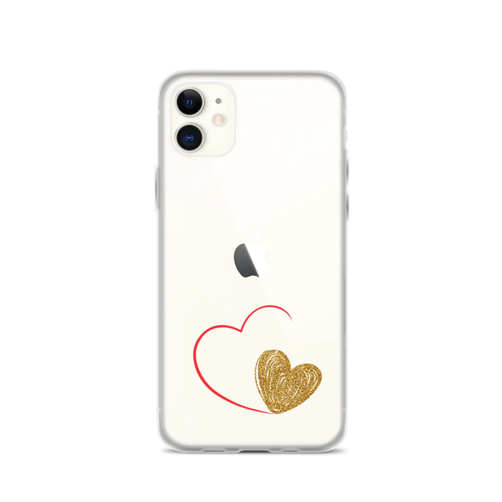 Clear iPhone case with a gold heart and red accents design on the back.