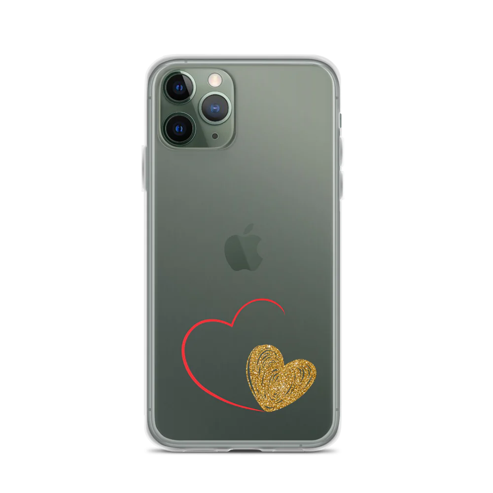 Clear iPhone case with a gold heart and red accents design on the back.