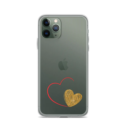 Clear iPhone case with a gold heart and red accents design on the back.