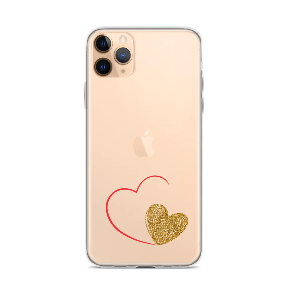 Clear iPhone case with a gold heart and red accents design on the back.