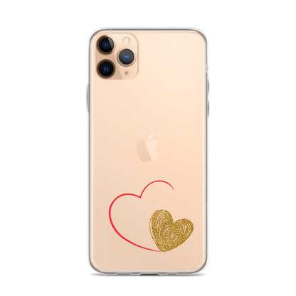 Clear iPhone case with a gold heart and red accents design on the back.