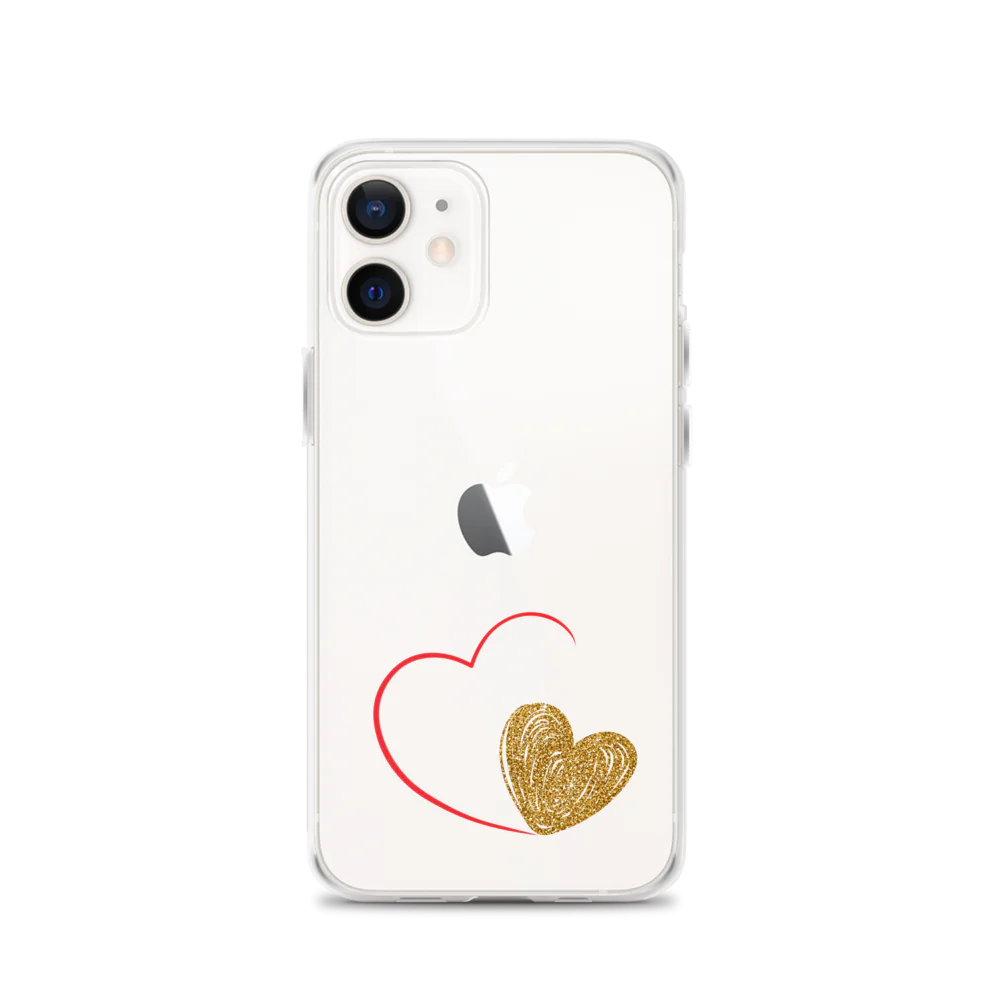 Clear iPhone case with a gold heart and red accents design on the back.