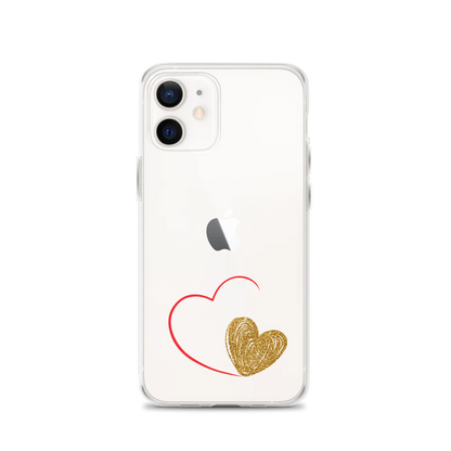 Clear iPhone case with a gold heart and red accents design on the back.