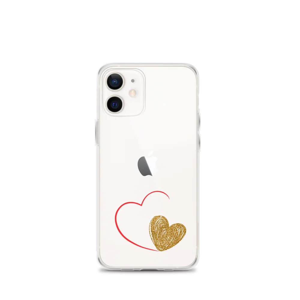 Clear iPhone case with a gold heart and red accents design on the back.