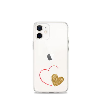 Clear iPhone case with a gold heart and red accents design on the back.