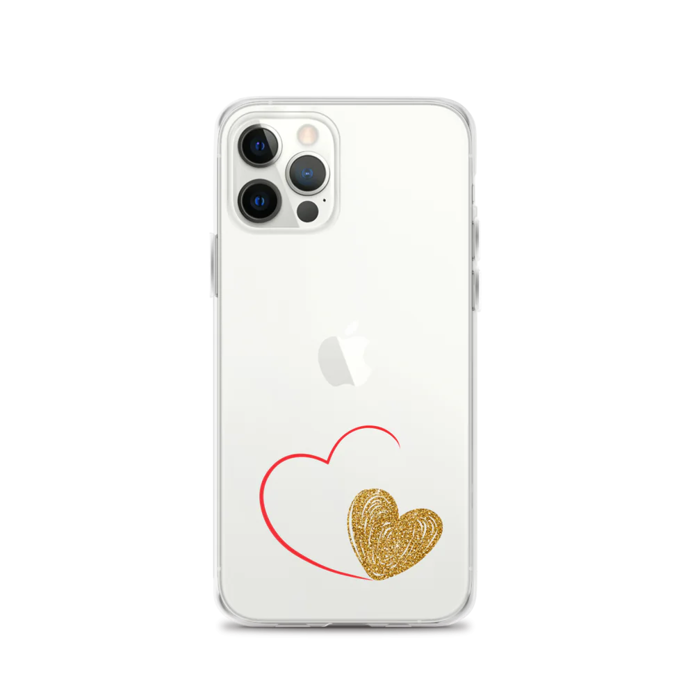 Clear iPhone case with a gold heart and red accents design on the back.
