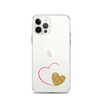 Clear iPhone case with a gold heart and red accents design on the back.