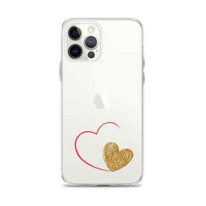 Clear iPhone case with a gold heart and red accents design on the back.