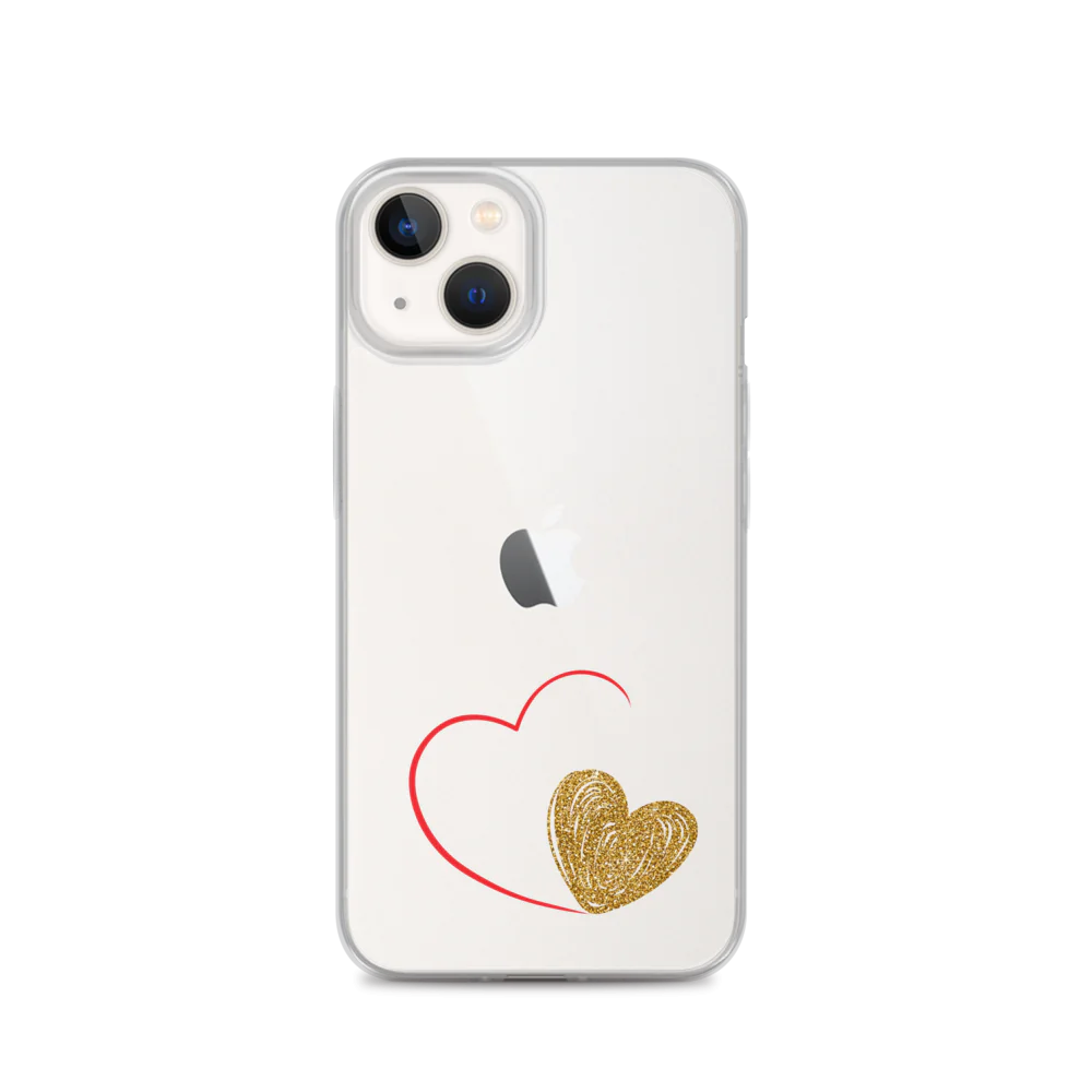 Clear iPhone case with a gold heart and red accents design on the back.