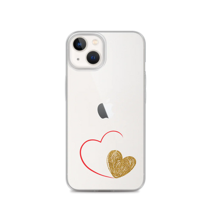 Clear iPhone case with a gold heart and red accents design on the back.