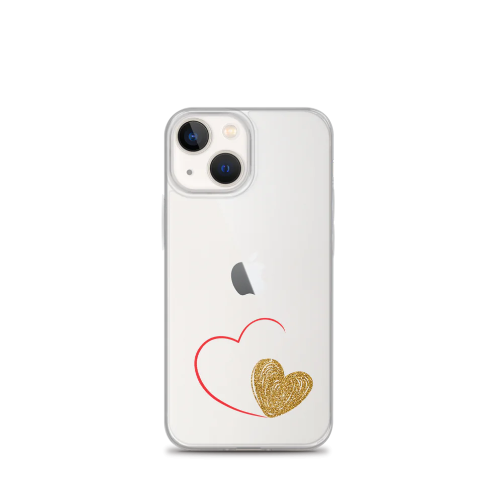Clear iPhone case with a gold heart and red accents design on the back.