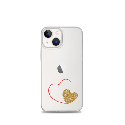 Clear iPhone case with a gold heart and red accents design on the back.