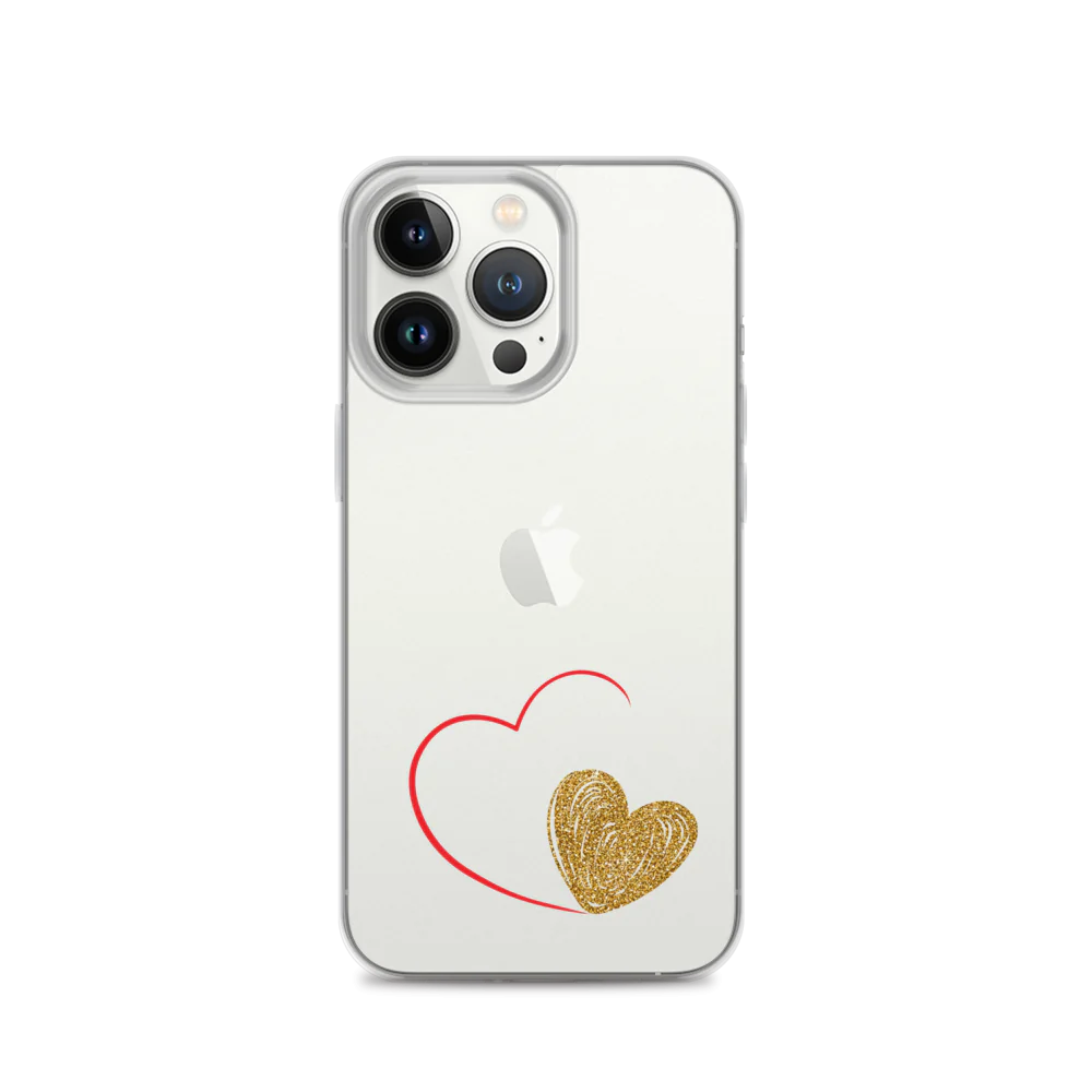 Clear iPhone case with a gold heart and red accents design on the back.