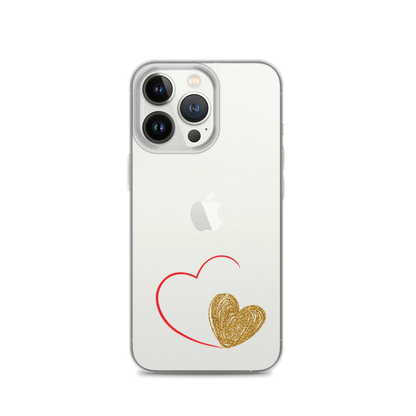 Clear iPhone case with a gold heart and red accents design on the back.