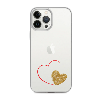 Clear iPhone case with a gold heart and red accents design on the back.