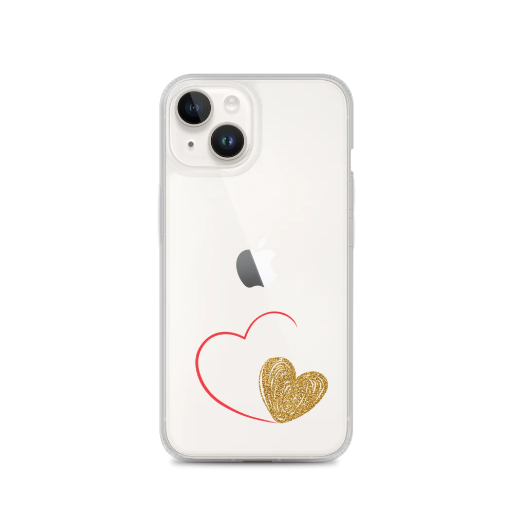 Clear iPhone case with a gold heart and red accents design on the back.