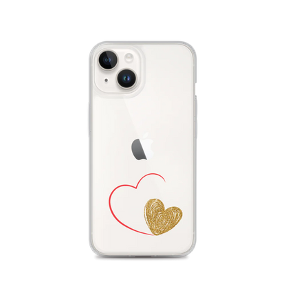 Clear iPhone case with a gold heart and red accents design on the back.