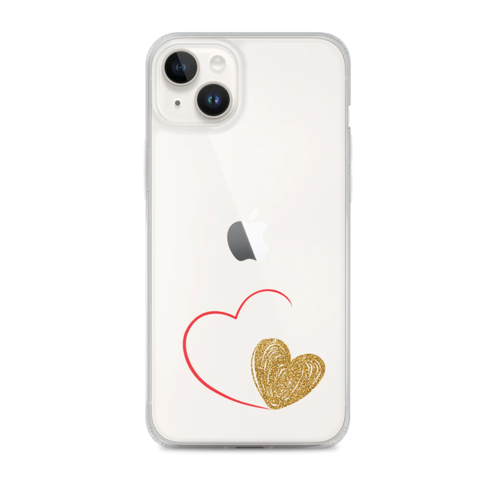 Clear iPhone case with a gold heart and red accents design on the back.