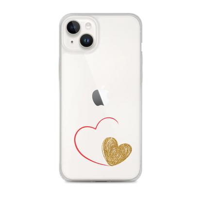 Clear iPhone case with a gold heart and red accents design on the back.