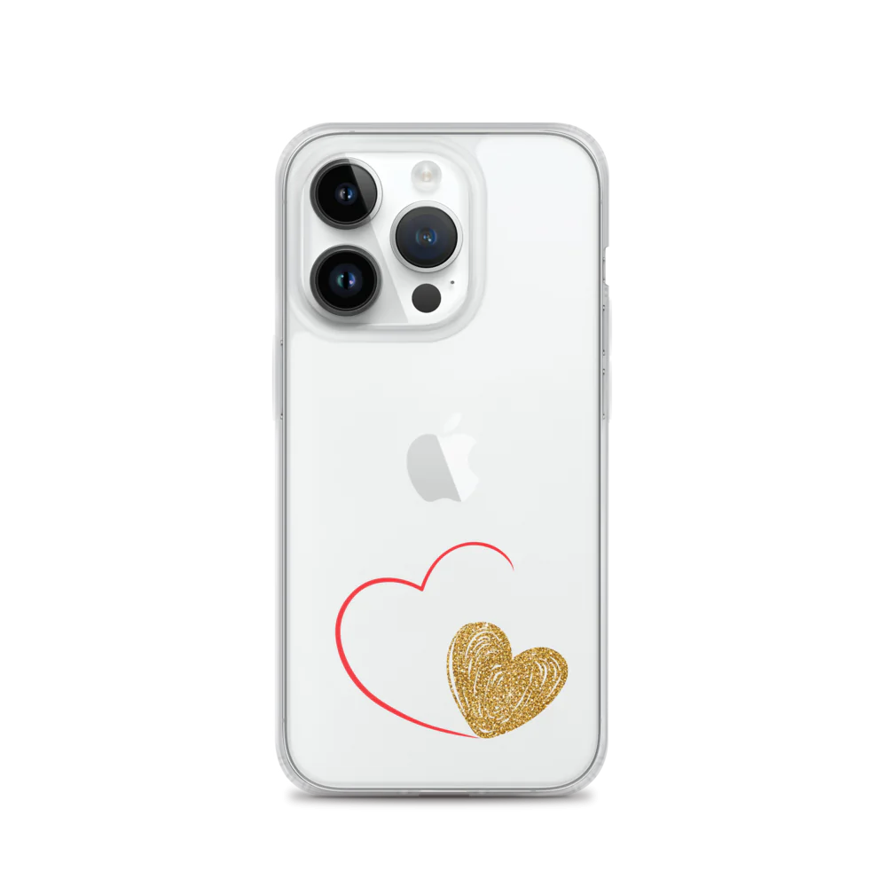 Clear iPhone case with a gold heart and red accents design on the back.