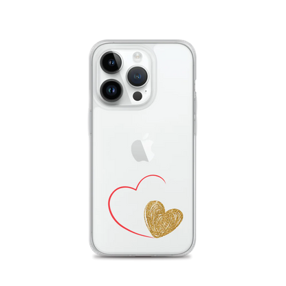 Clear iPhone case with a gold heart and red accents design on the back.